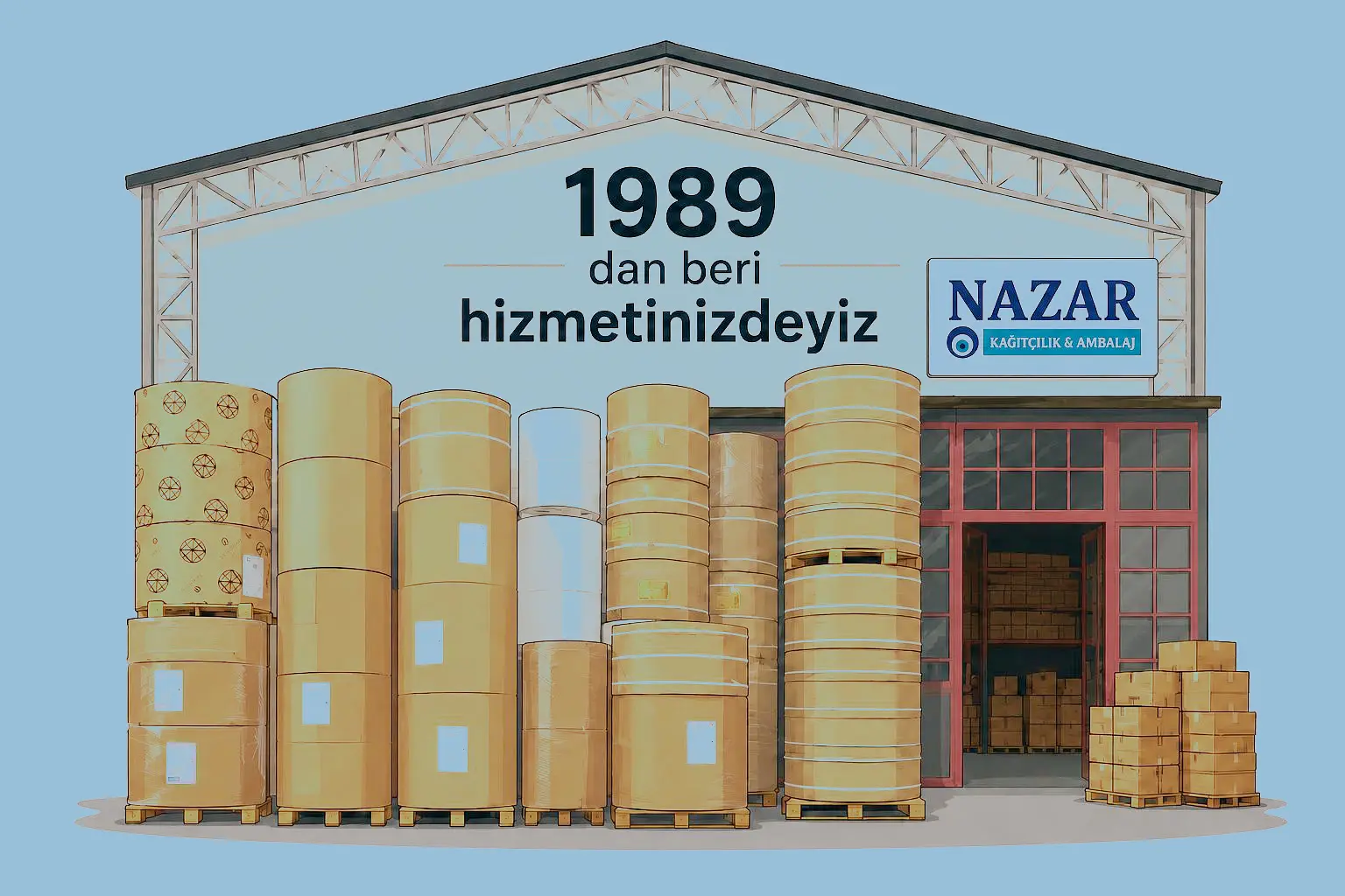 Nazar Kağıtçılık ve Ambalaj için 1989'dan beri hizmetinizdeyiz mesajlı tesis illüstrasyonu